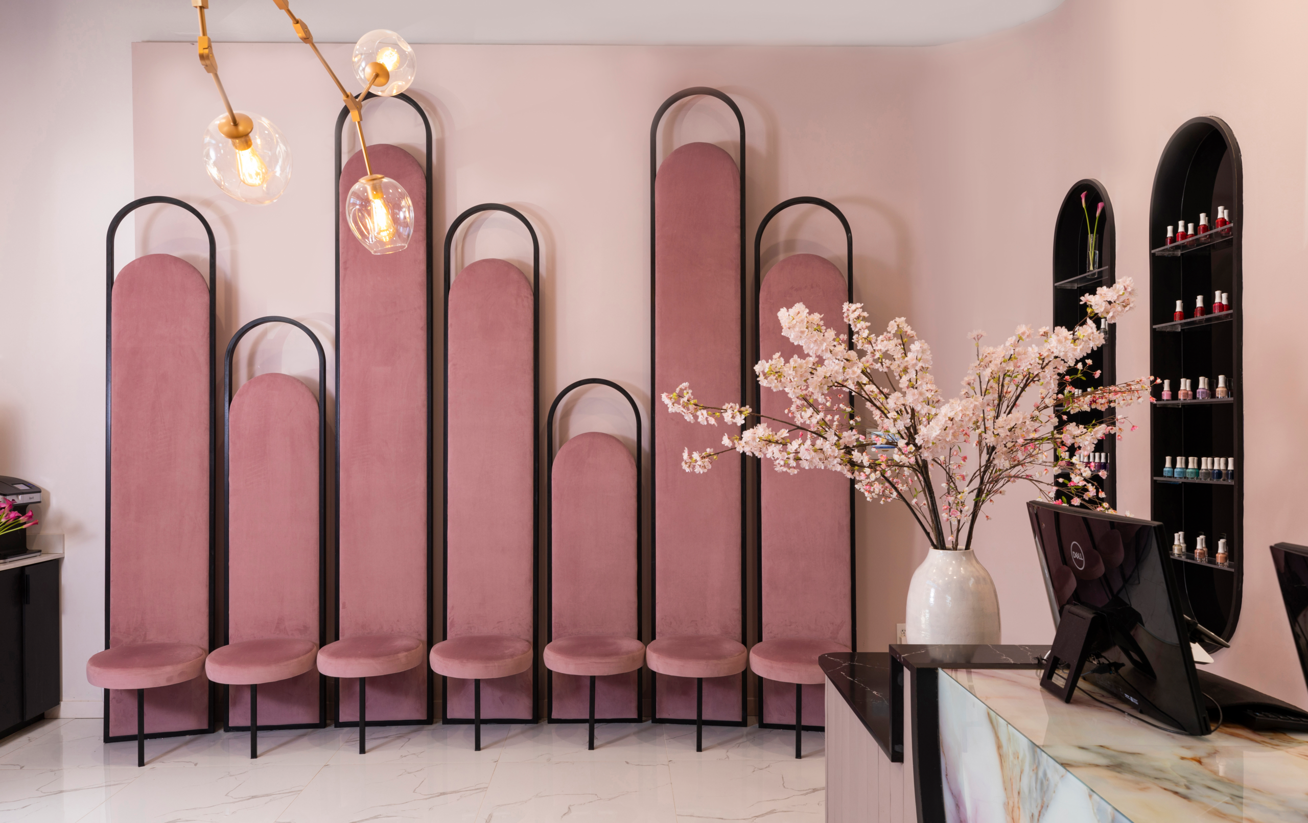 Velvet arch booth detail at Gloss Nail Bar Houston